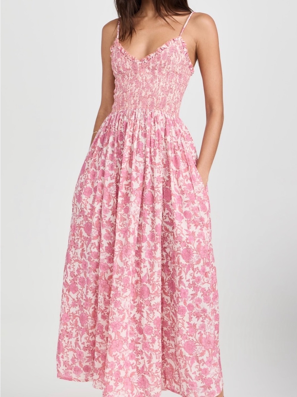 FREE PEOPLE Smocked Floral Midi Dress in Rose Pink